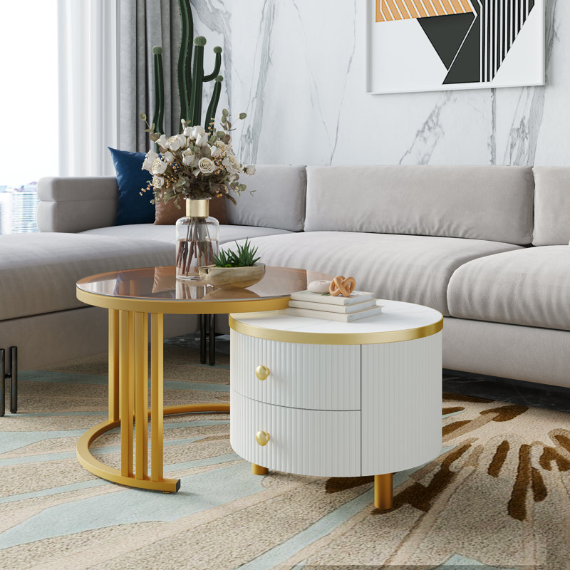 Aldonis Frame Coffee Table with Storage, Golden/White