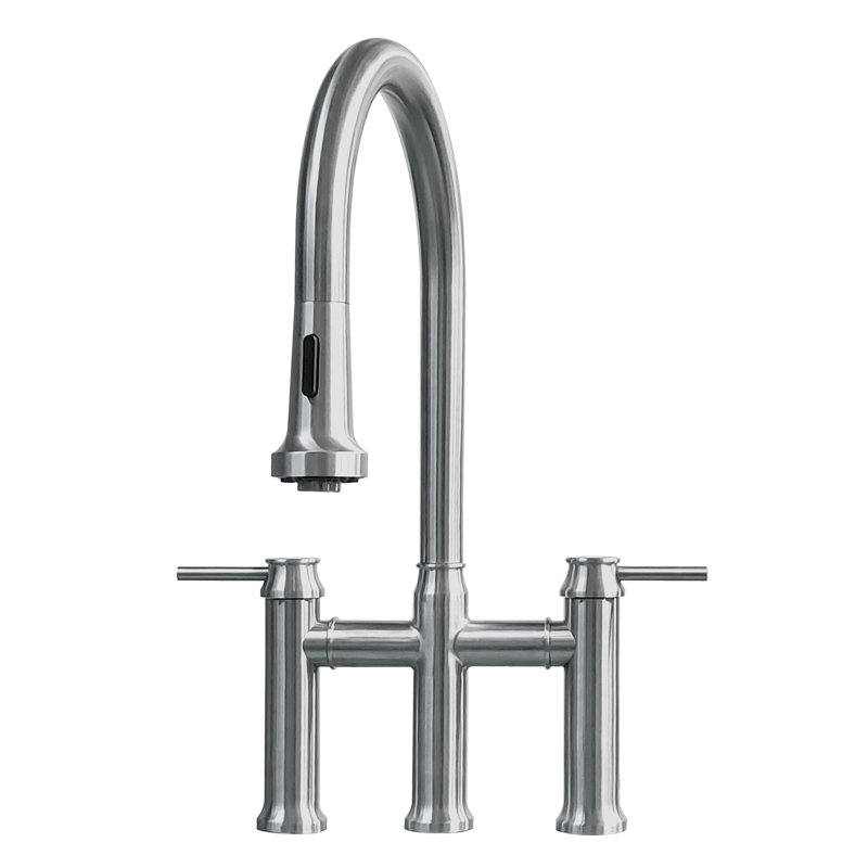 Whitehaus Collection Solid Stainless Steel Dual Lever Gooseneck Bridge Kitchen Faucet with Pull-down Spray Head