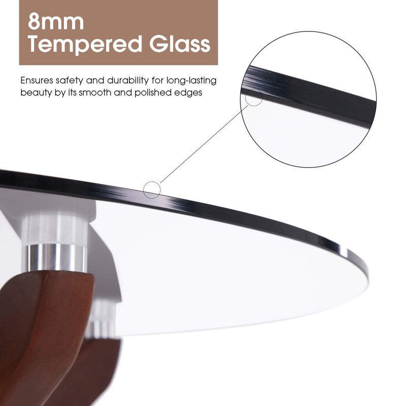 Round Dining Table with Tempered Glass Top and Solid Wood Legs, Brown