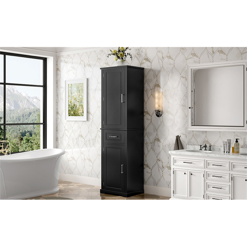 Tall Bathroom Storage Cabinet, Freestanding Storage Cabinet With Two Different Size Doors And Adjustable Shelf, Door Shelve Design, MDF Board With Painted Finish, Black