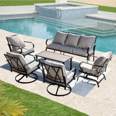 Ensemble de conversation pour patio 7 personnes avec coussins - canapé 3 places, 2 chaises berçantes, 2 chaises pivotantes et table basse, ensemble de conversation en métal toutes saisons pour la cour, le jardin et le balcon (beige)