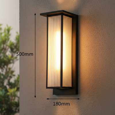 Applique murale 19,69 po en verre pour l'extérieur, grandes lumières murales de style asiatique moderne, base E26 de 60 W maximum, noir