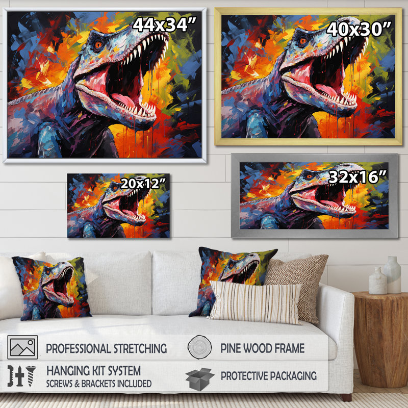 Dinosaure Trex rugissant coloré I - art de mur de dinosaure, Toile tendue, H 34 po x l 44 po x P 1,5 po