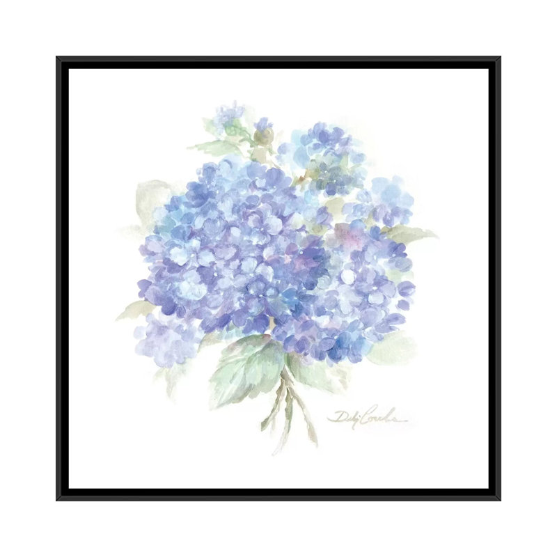 Reproduction d’art, "hydrangeas I" par Debi coules, H 18 po x l 18 po x 1,5 po, Pas de tapis, Toile avec cadre noir