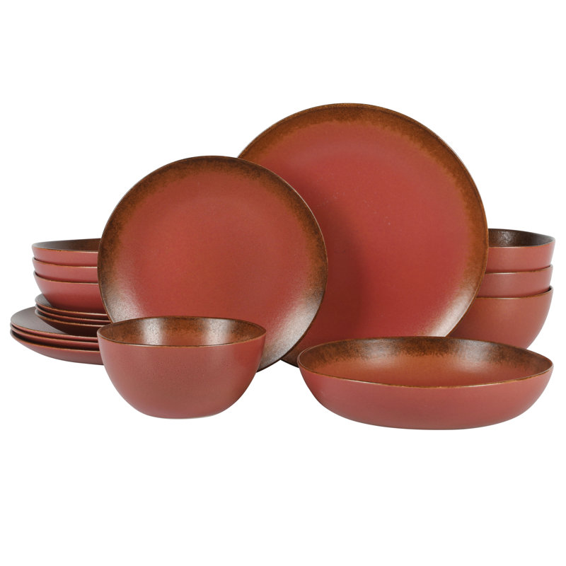 Ensemble 16 pièces de vaisselle et bols en grès réactif Palermo Sun, Rouge paprika