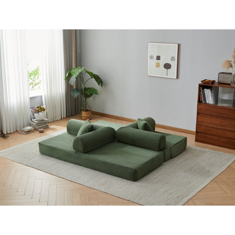 Canapé à compression de 78,8 po, canapé-lit convertible au sol avec accoudoirs avec dossier coussiné, canapé-lit futon confortable, canapé modulaire sans dossier Loveseat, tissu velours côtelé, pour le salon, la chambre à coucher, vert