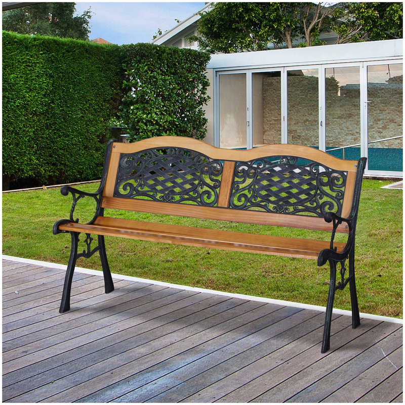 Outsunny 50" Outdoor Garden Bench, Patio Bench with Wood Seat, Porch Bench with Antique-Like Flourishes for Backyard, Deck, Lawn, Outside Pool, Teak