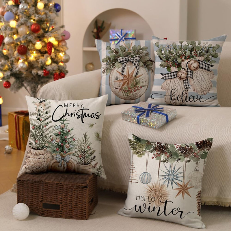 Housses de coussin de Noël 18 x 18 pouces, ensemble de 4 gants de sapin de Noël Hello Winter, Bleu / blanc