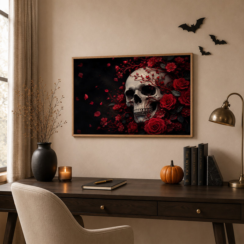 Crâne entouré de roses rouges sur fond sombre, art d'Halloween sur toile, H 32 po x l 48 po