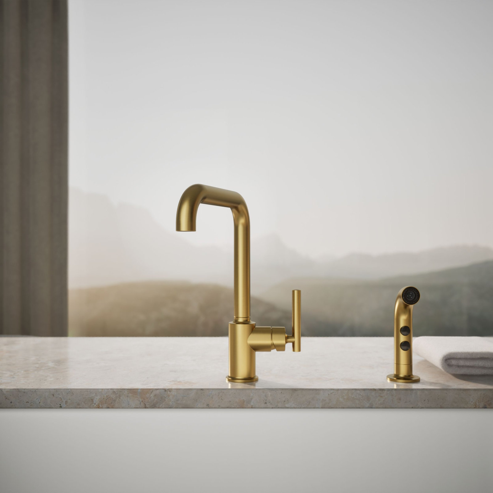 Purist Two-Hole Kitchen Faucet with Sidespray, Vibrant Brushed Moderne Brass