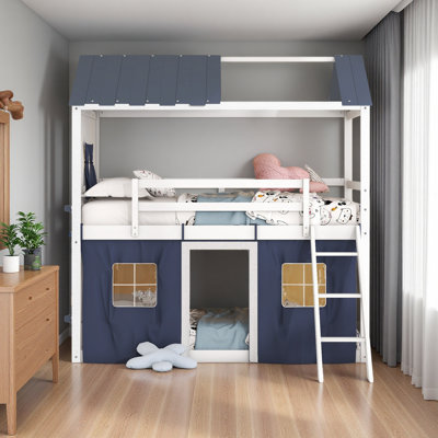 Lit superposé en bois avec élégantes fenêtres, rebords et tente