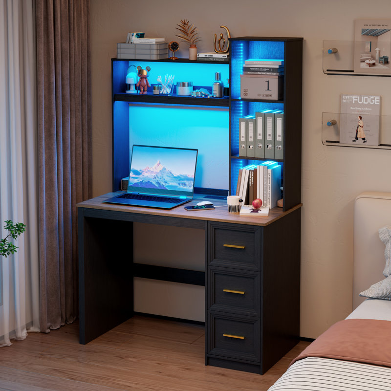 MDF Computer Desk with Built-In Electrical Outlet, Brown/Black