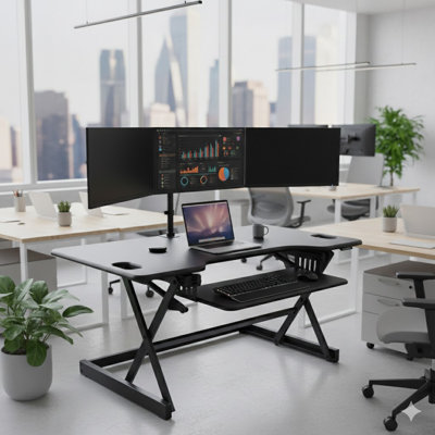 46 in. Balck Height Adjustable Standing Desk Converter with Triple Monitor Mount and Deep Keyboard Tray