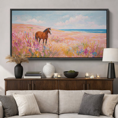 Colorful Horse Meadow Landscape Artwork, Living Room Pictures, Framed Canvas Giclee Print Wall Art
