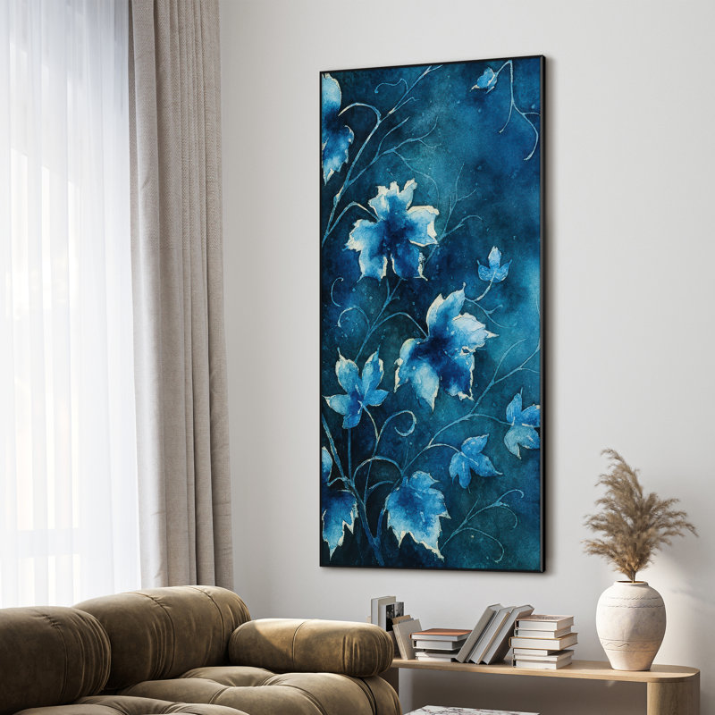 Très grande reproduction d'art sur tissu - Œuvre de vigne botanique florale bleue pour le salon ou la chambre à coucher - «Assemblage requis du cadre (cadre non fini)»