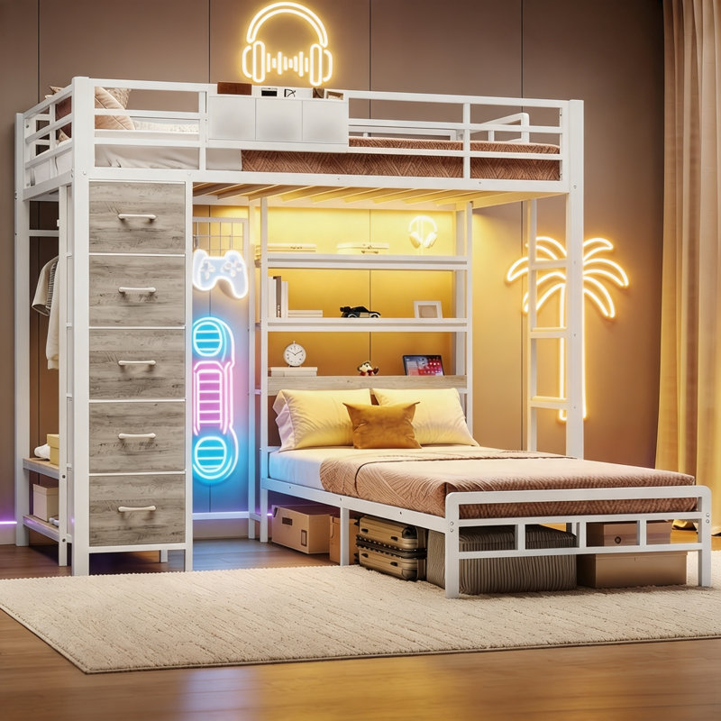 Bunk Bed Twin Over Twin with 3-Tier LED Shelves and Hall Tree Storage, White