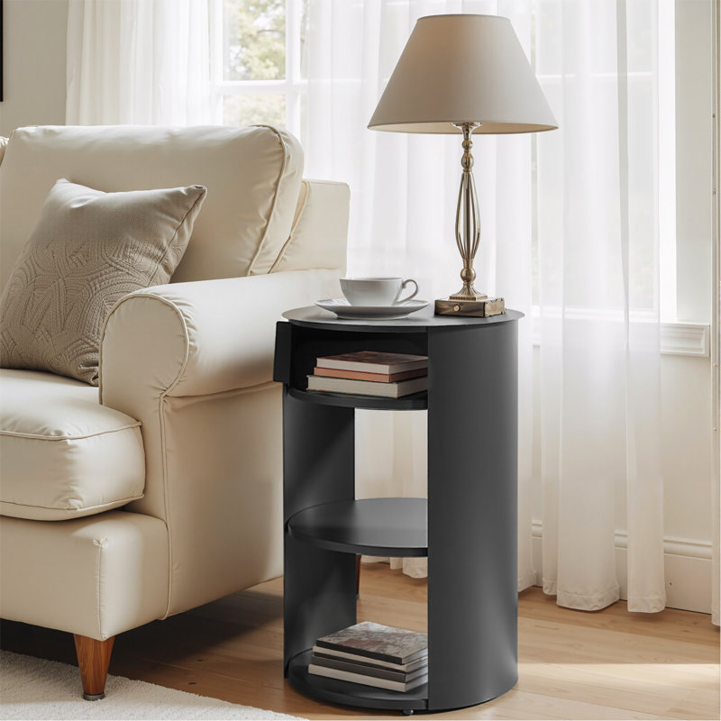 Table d'appoint ronde d'intérieur en métal à 3 niveaux avec armoire à porte coulissante, noir mat, Noir mat