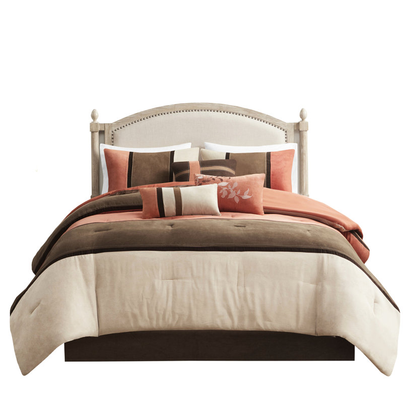 Literie 7 pièces pour grand lit - Faux suède corail 2 taies décoratives, 1 coussin décoratif et 1 jupe de lit, Corail