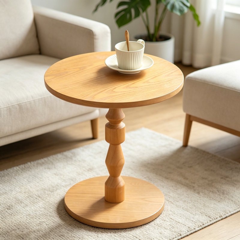 Table d'appoint ronde de style Mid-Century avec pieds en bois massif et plateau en bois aggloméré de chêne clair
