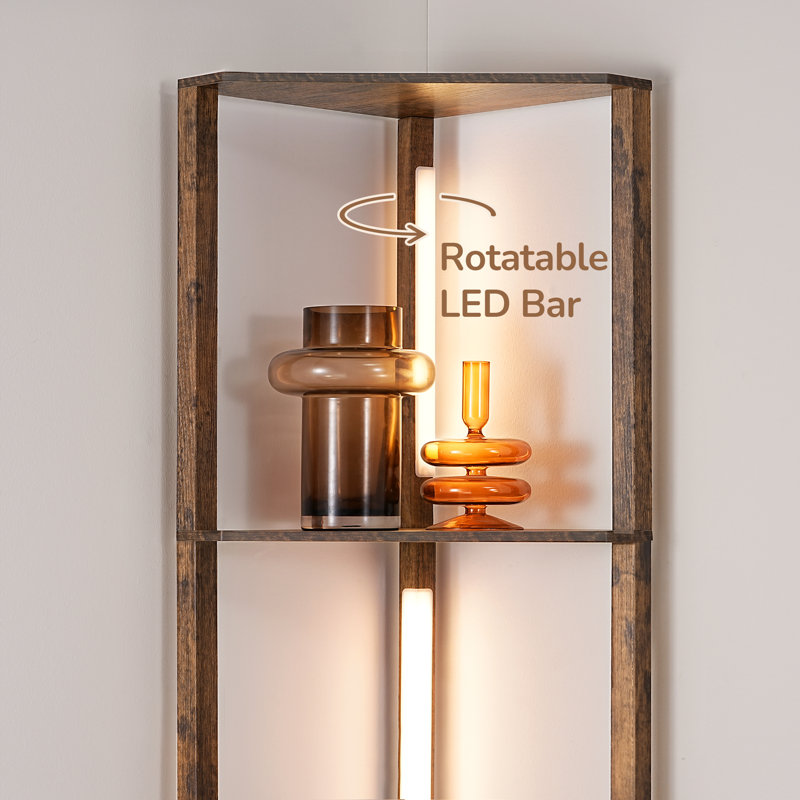 Carrye 64'' LED Dimmable Cornor Floor Lamp with Shelves, Rosewood