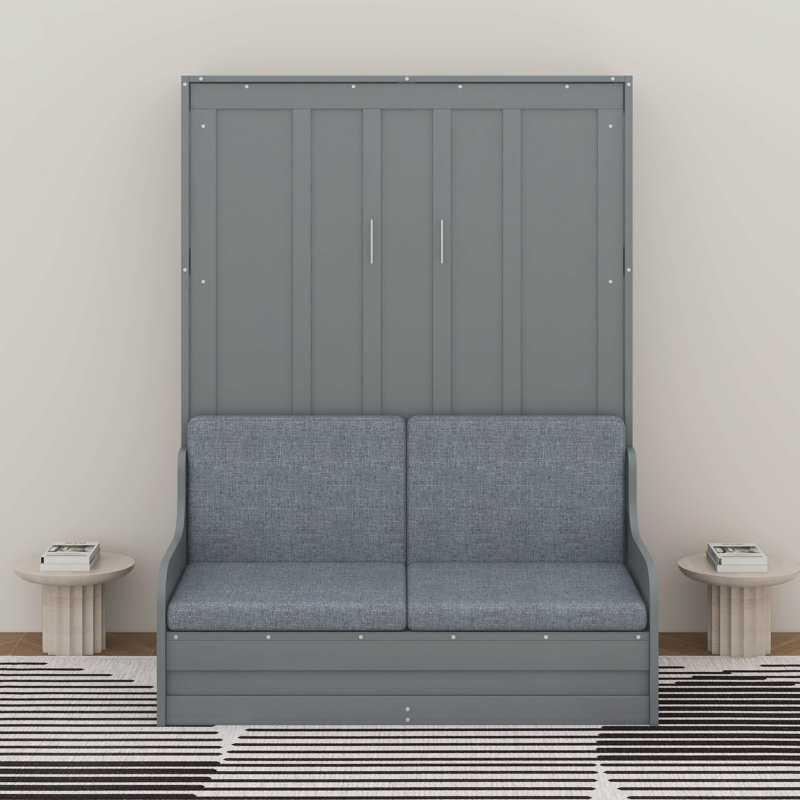 Grand lit escamotable mural avec coussin, Gris, Grand lit