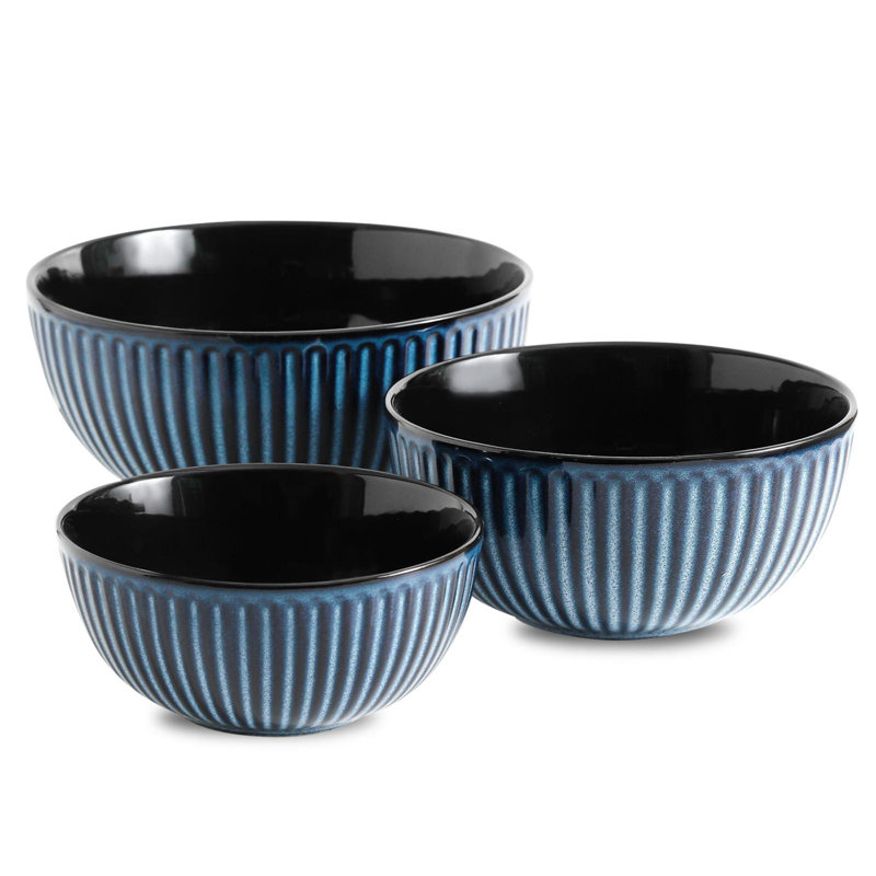 Set of 3 Large Ceramic Nesting Mixing Bowls, Navy