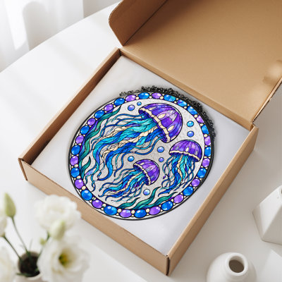 Blue and Purple Jellyfish Stained Glass Circle Canvas Wall Art