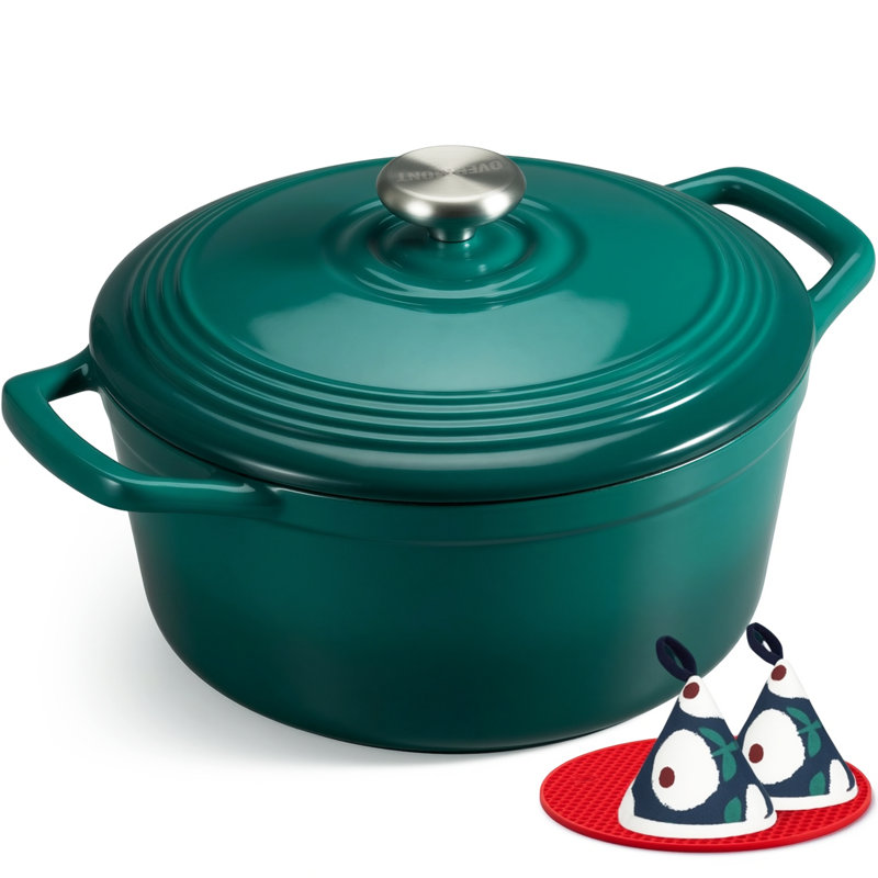 Overmont Enameled Cast Iron Dutch Oven With Lid & Accessories – Cookware For Baking, Roasting & Stews, Bottle Green