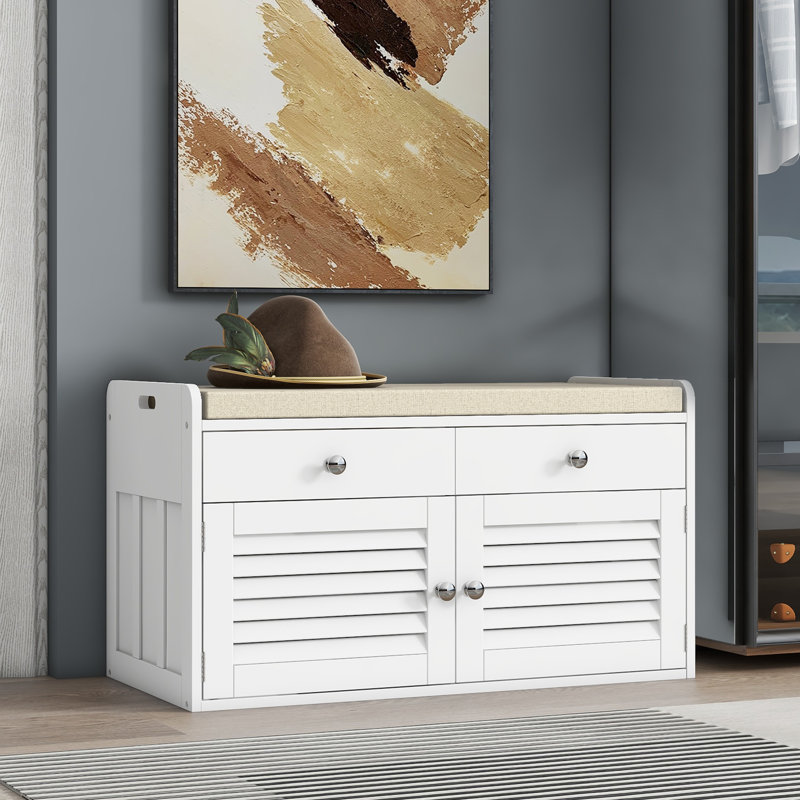 Banc de rangement pour chaussures avec 2 tiroirs, banc d'entrée en bois avec coussin, 2 tablettes réglables, Blanc