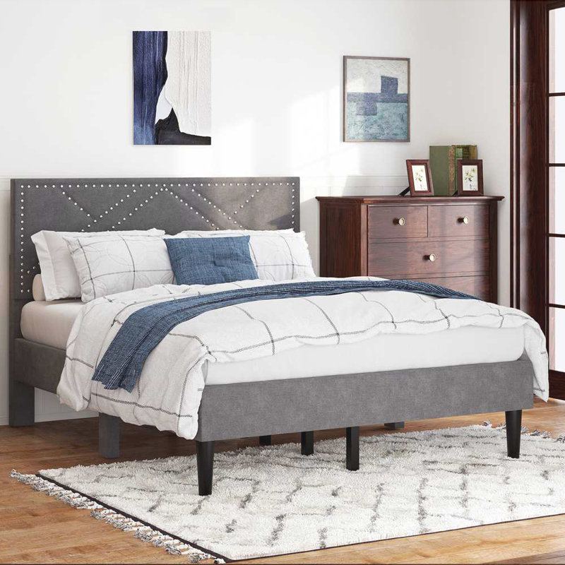 Linen Fabric Bed Frame, Queen, Gray 