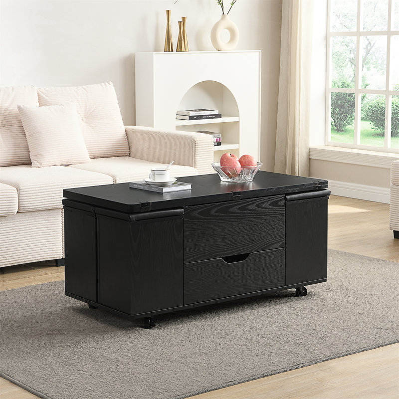 Table basse multifonctionnelle à plateau relevable avec rangement caché et tabourets, Noir