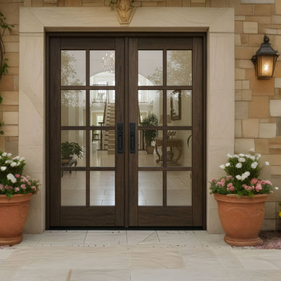 G108-SW-80 | 80" Double Door, RTA Prehung Exterior, SDL 8 Lite, Unfinished Mahogany Wood