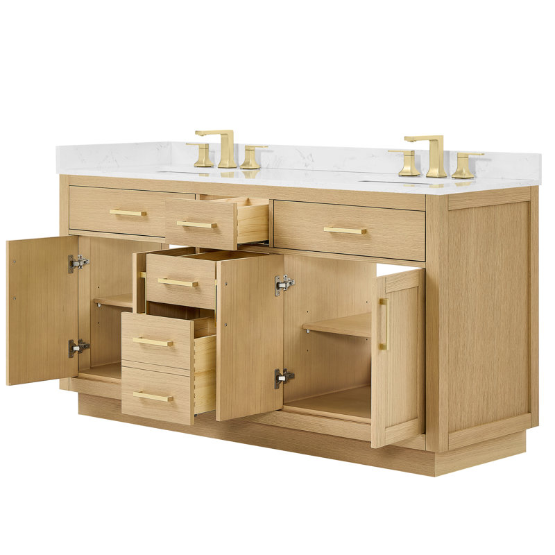 Meuble-lavabo double Beckett, Rift Oak, Or brossé, Carrara Cultured Marble