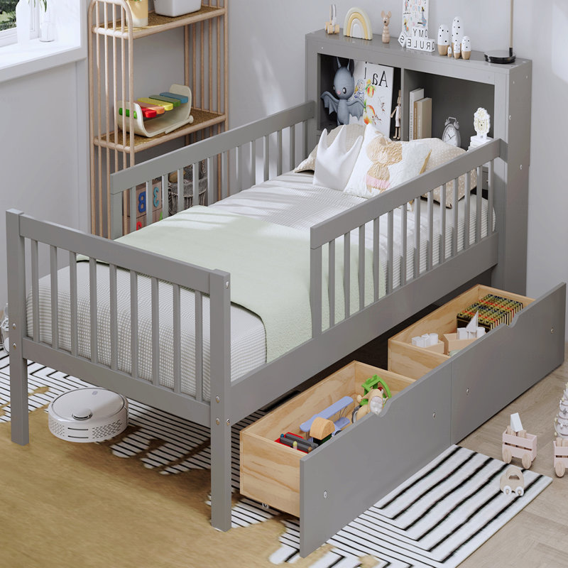 Structure de lit simple avec tête de lit avec support de rangement, deux tiroirs sous le lit, garde-corps à trois côtés pour plus de sécurité, gris