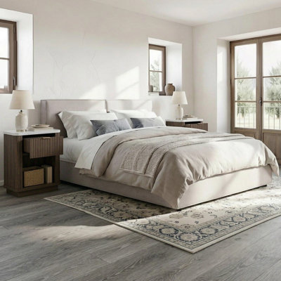3-Piece Queen Bedroom Set,1 Linen Upholstered Platform Bed Frame  and 2  Nightstands with Faux Marble-Look Top