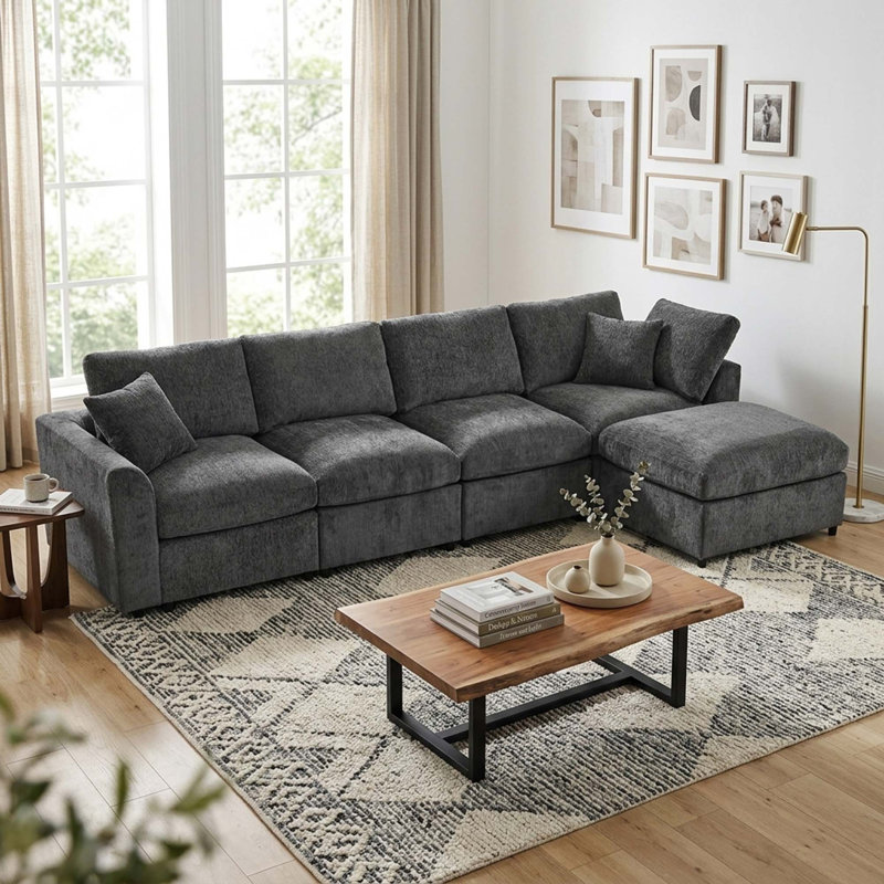 Canapé modulaire moderne en chenille avec pouf amovible et assise profonde, Gris chenille, Orienté à droite