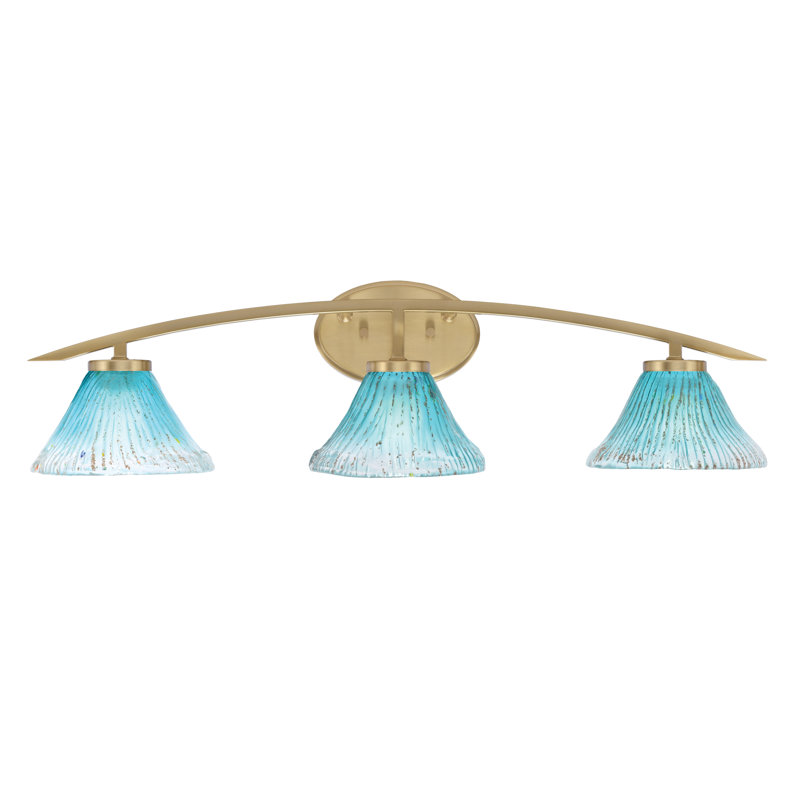 Kurve 3 Light Bath Bar With 7" Teal Crystal Glass, Brass