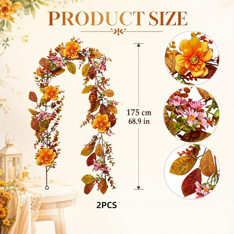 Guirlande de fleurs artificielles d'automne de 175 cm (68,9 po), 2 pièces, avec tournesols, marguerites et feuilles d'automne, décoration pour porte d'entrée, mur ou foyer pour l'Action de grâce