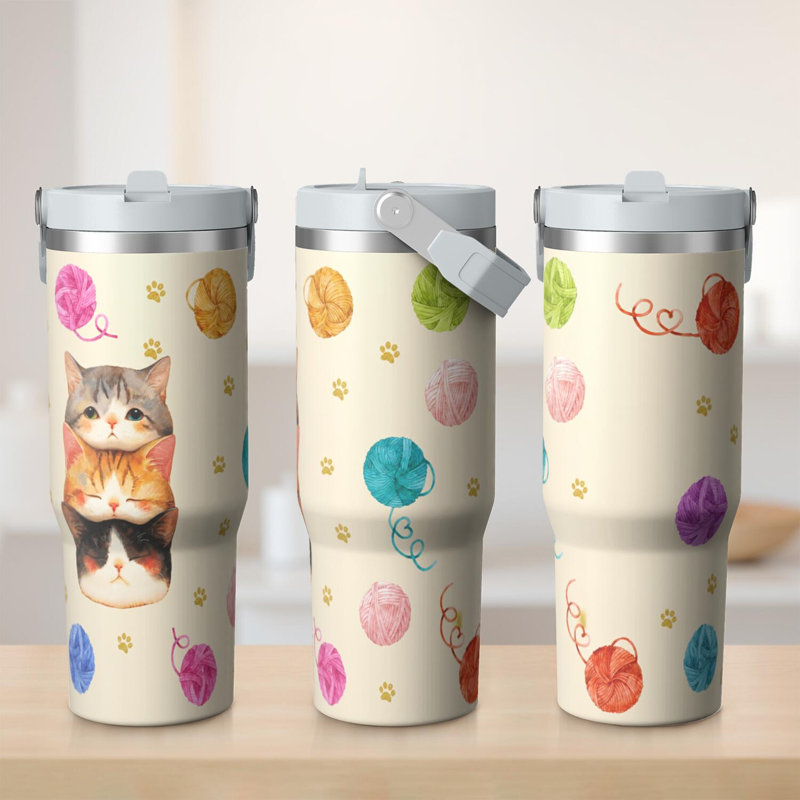 Gobelet 30 oz avec couvercle et poignée Gobelets isothermes en acier inoxydable Bouteille d'eau mignonne avec rabat (chat)