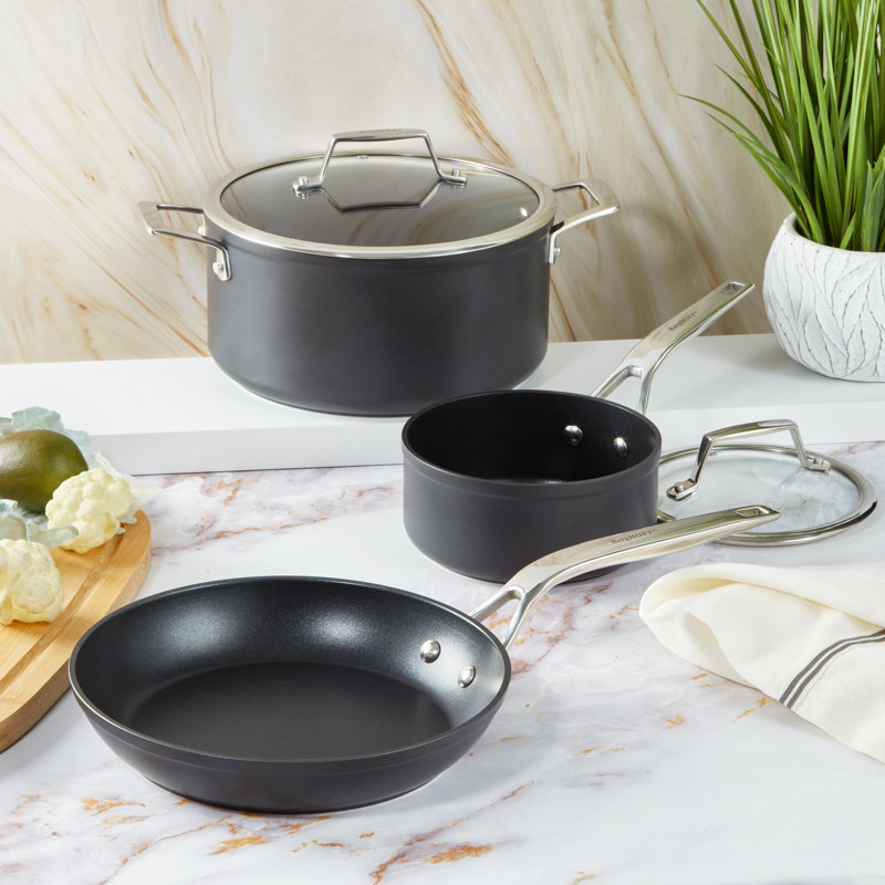 BergHOFF Essentials 5Pc Non-Stick Hard Anodized Cookware Starter Set With Glass Lids, Black
