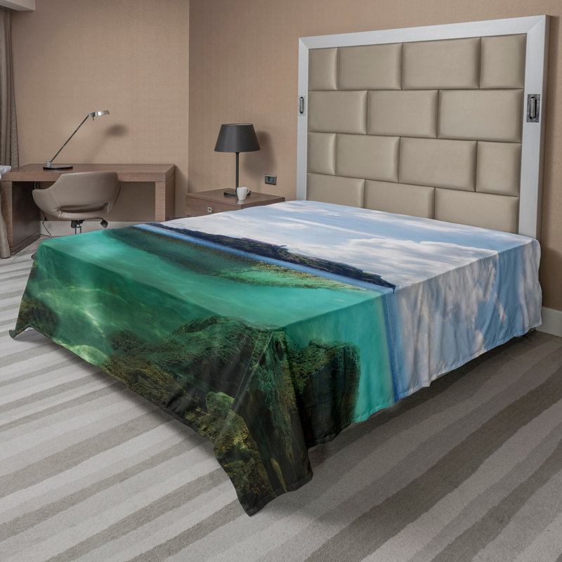 Ambesonne Lighthouse Top Flat Sheet Misty Atlantic Ocean Blue Grey White, Full Flat Sheet