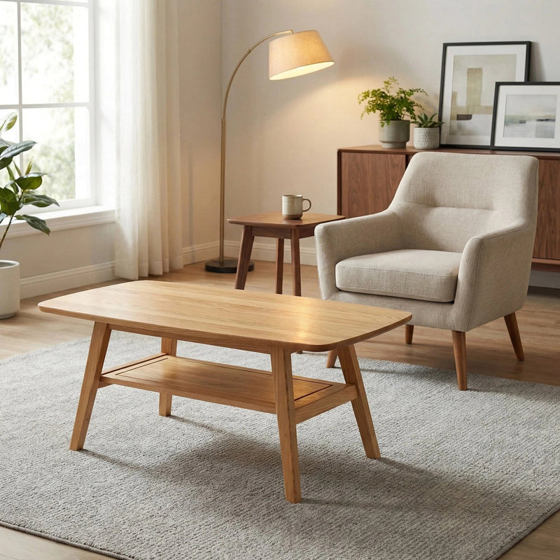 Table basse de style Mid-Century moderne, table basse en bois de chêne massif à 100% avec étagère de rangement, table basse à 2 niveaux avec coins arrondis pour le salon, le bureau et l’appartement (couleur chêne naturel, L 39,37 po)