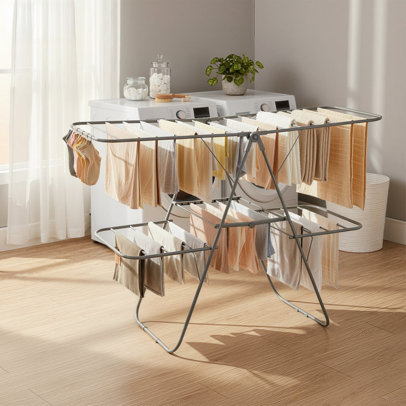 Clothes Drying Rack, Foldable 2-Level Laundry Drying Rack, Free-Standing Laundry Airer, With Height-Adjustable Wings, 33 Rails, Sock Clips