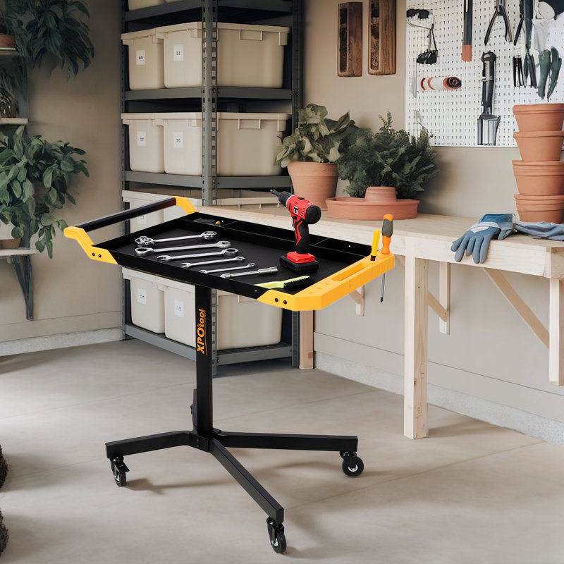 Portable Rolling Work Table - Adjustable Height (34-48”), Tool Tray With Rubber Padding, 125Lbs Load, 3” Lockable Casters, Workshop & DIY