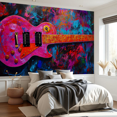 Wall Mural Peel and Stick Wallpaper Graffiti Colorful Guitar Cool Pop Music Bold Strokes Mixed Media Self-Adhesive Removable Contact Paper Wall Decor for Living Room Bedroom 69"H x 96"W