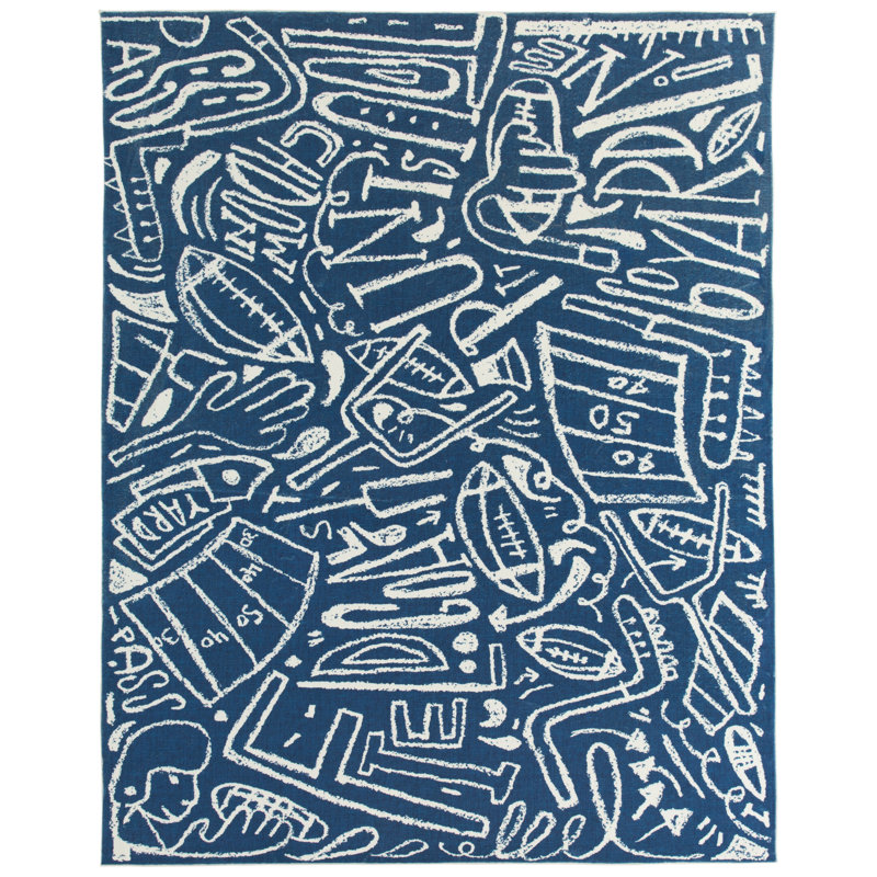Tapis bleu en polyester tissé à la machine Sportsglyphs, Rectangle 2 pi x 3 pi