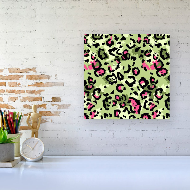 Green And Pink Leopard - Wrapped Canvas Print, 16cm H x 16cm W x 3.8cm D