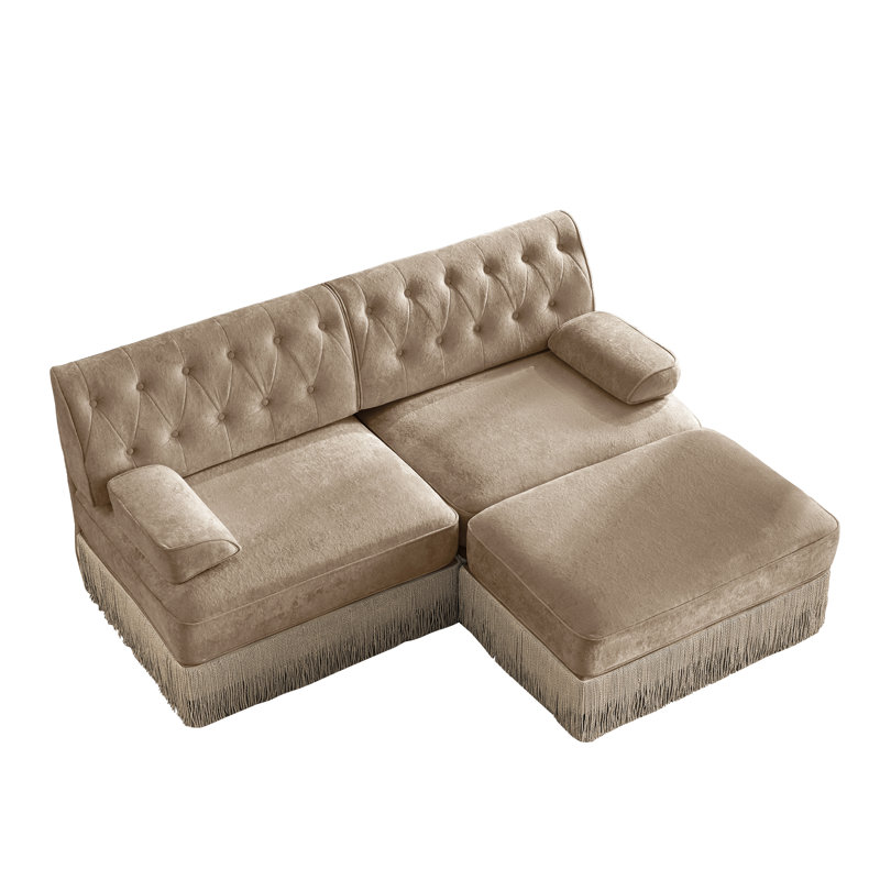 L-shaped, breathable, comfortable fringe-trimmed sofa, Camel Velvet, 34.2" H x 76.6" W x 60.3" D