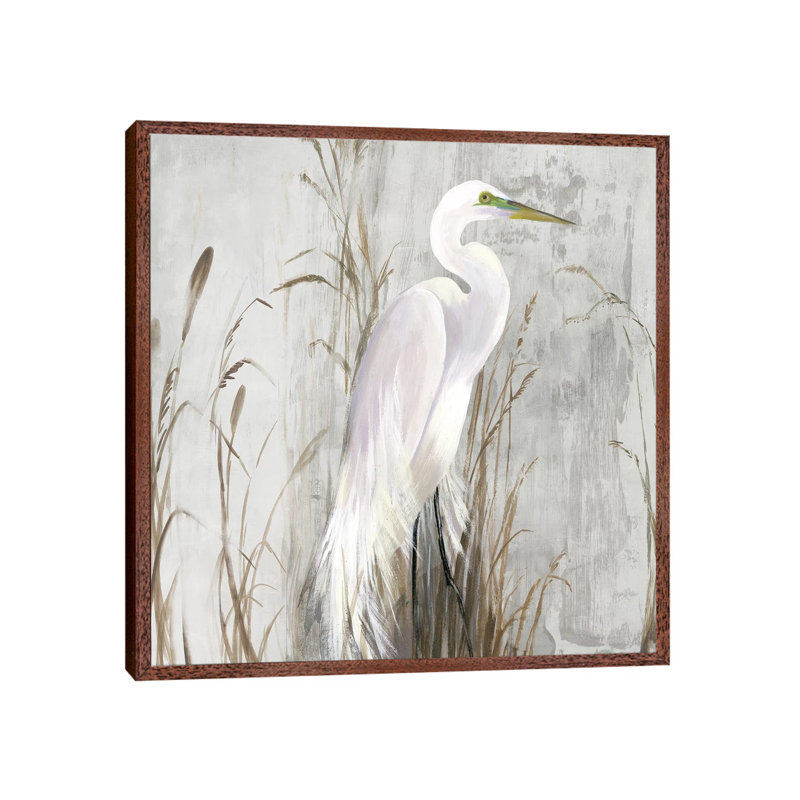 Heron In The Reeds by Aimee Wilson - Painting on Canvas, 93.98 cm H x 93.98 cm W, Classic Brown Wood Framed