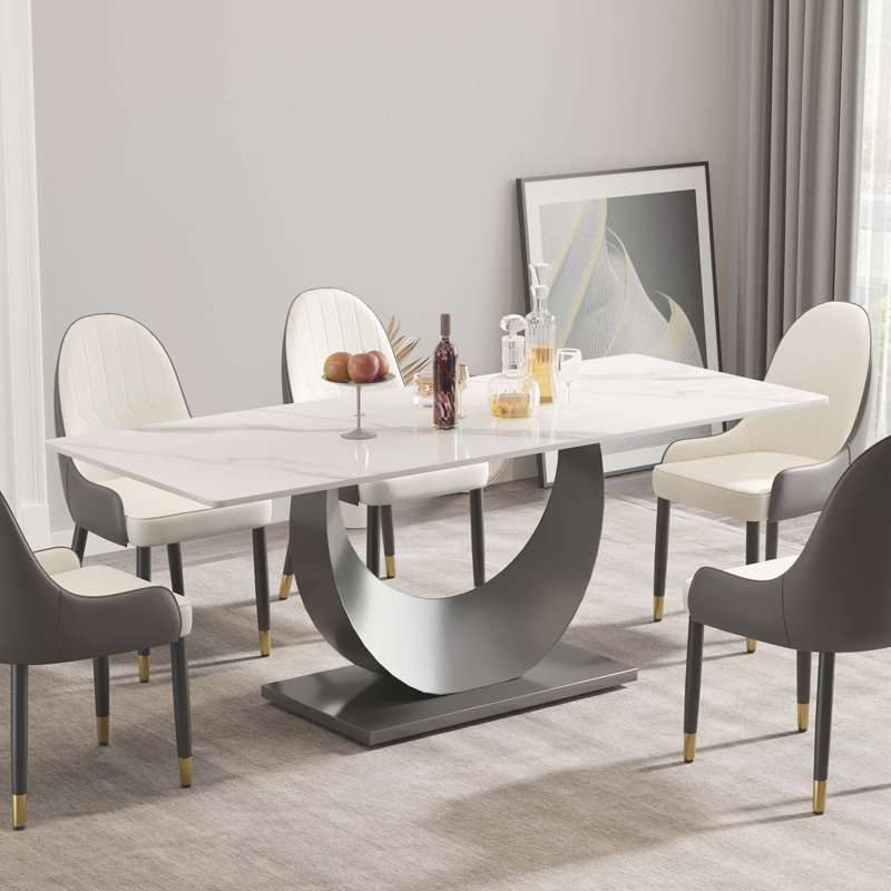 Kentrez Stone Top Metal Base Dining Table, 35.43" W x 78.74" L, White